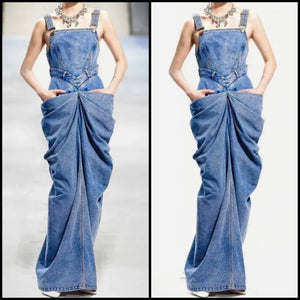 Women Fashion Sleeveless Ruched Pocket Denim Maxi Dress