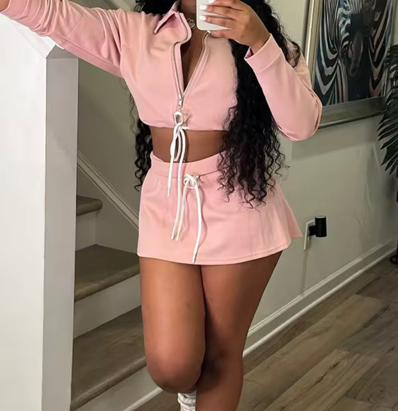 Women Zip Up Drawstring Full Sleeve Two Piece Skirt Set