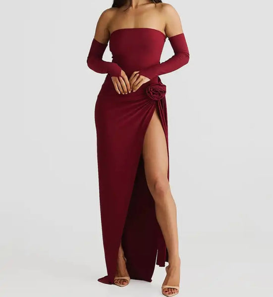 Women Sexy Strapless Bodysuit Glove Three Piece Maxi Skirt Set