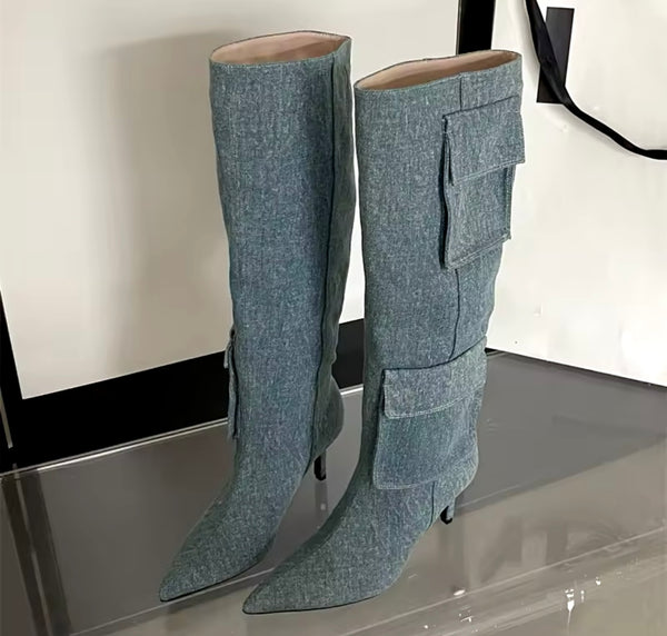 Women Pocket Fashion High Heel Knee High Boots