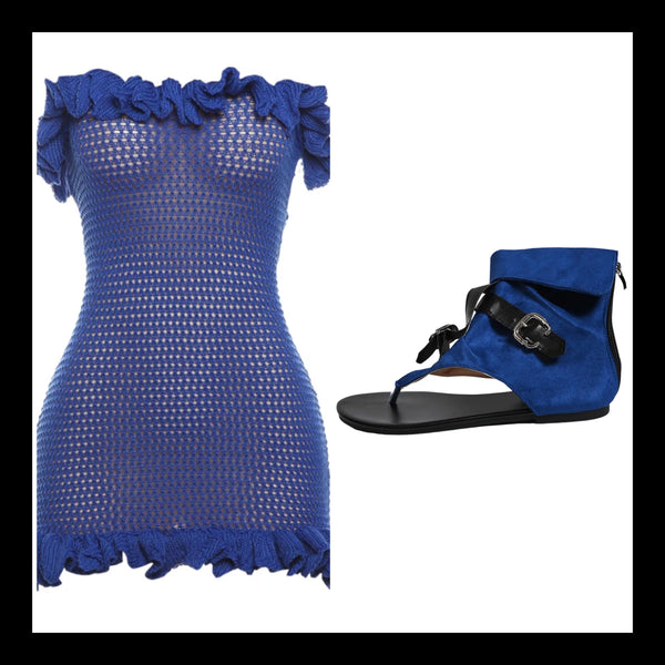 Women Blue Sexy Strapless Ruffled Open Back Knitted Dress