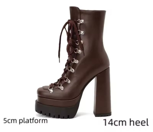 Women Fashion Platform Lace Up High Heel Ankle Boots