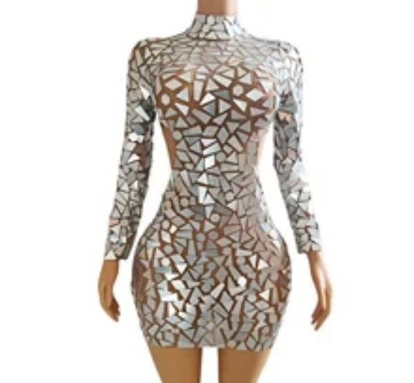 Women Sexy Silver Mirror Full Sleeve Mesh Hollow Out Dress