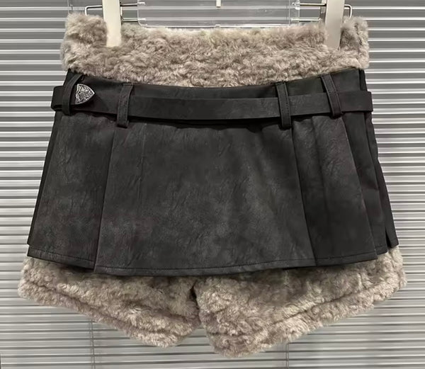 Women Fashion Fur Buckled Jacket Two Piece Skirt Set