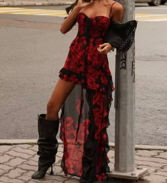 Women Sexy Sleeveless Ruffled Printed Asymmetrical Dress