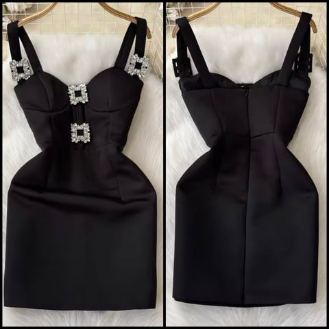 Women Black Bling Rhinestone Sleeveless Sexy Dress