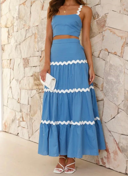 Women Sexy Sleeveless Striped Ruffled Two Piece Maxi Skirt Set