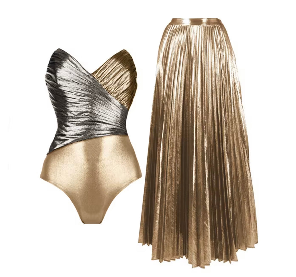 Women Sexy Strapless Metallic Swimsuit Pleated Cover Up Set