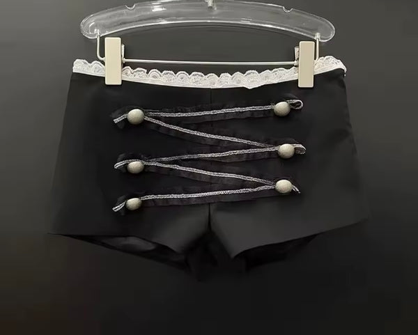 Women White Ruffle Button Up Two Piece Black Short Set