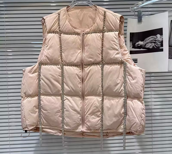 Women Color Rhinestone Tassel Fashion Puff Vest Jacket
