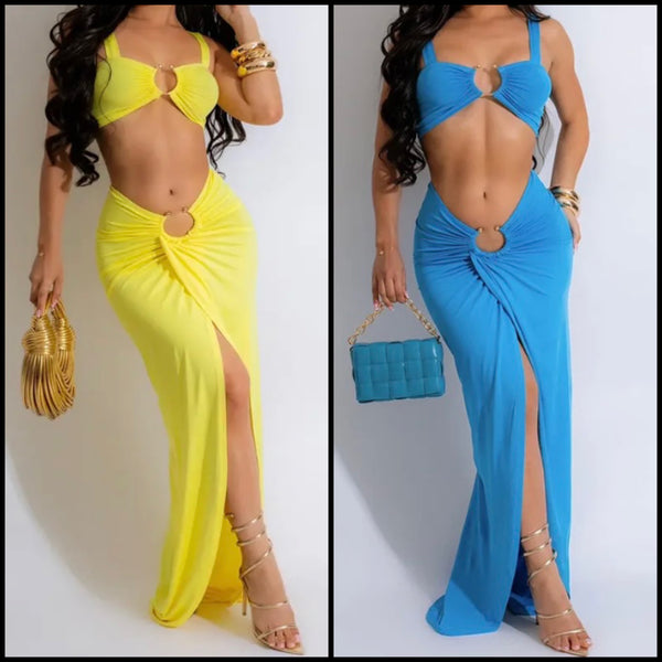 Women Metal Solid Color Sexy Sleeveless Two Piece Maxi Skirt Set