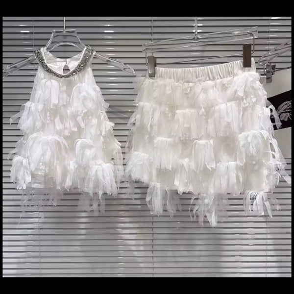 Women White Rhinestone Halter Sexy Two Piece Tassel Skirt Set