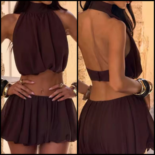 Women Sexy Brown Halter Open Back Sleeveless Two Piece Skirt Set