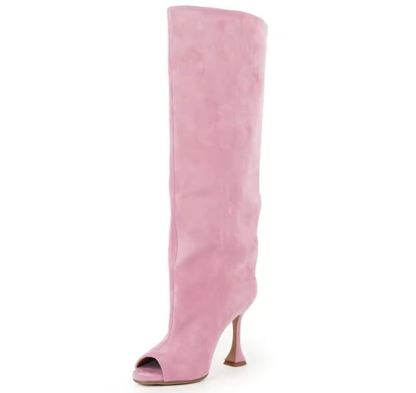 Women Suede Open Toe Fashion High Heel Knee Length Boots