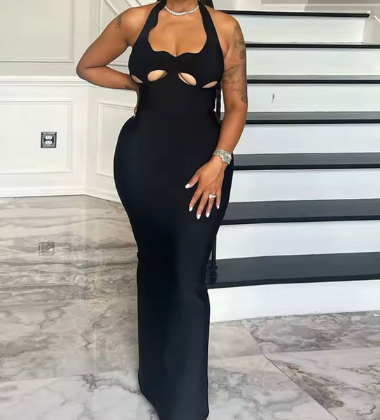 Women Black Sexy Sleeveless Cut Out Maxi Dress