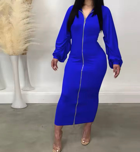 Women Fashion Color Front Zipper Full Sleeve Maxi Dress