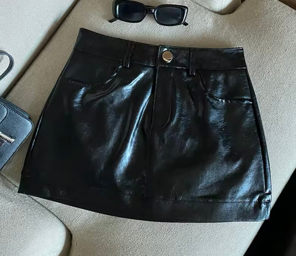 Women Sexy Fashion Color Faux Leather Skirt