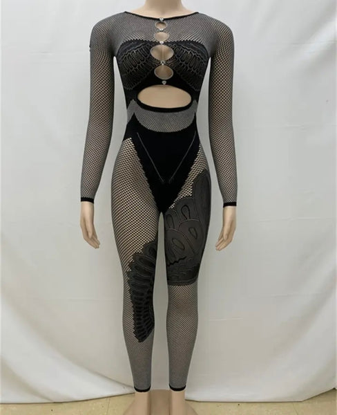 Women Sexy Cut Out Full Sleeve Mesh Patchwork Jumpsuit