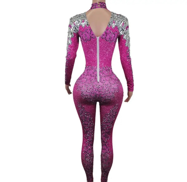 Women Fashion Turtleneck Full Sleeve Beaded Bling Pink Jumpsuit