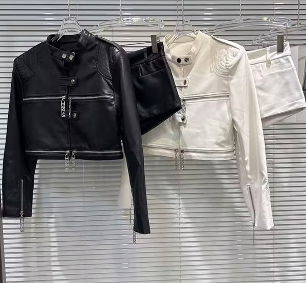 Women Fashion Faux Leather Jacket Two Piece Short Set