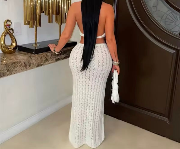 Women Sexy Chain Halter Sleeveless Knitted Maxi Dress