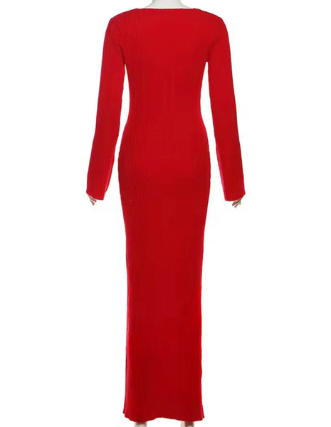 Women Red Cut Out Full Sleeve Sexy Maxi Dress