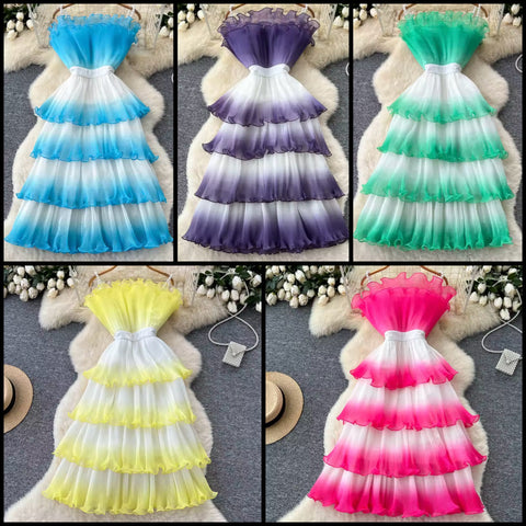 Women Strapless Gradient Ruffled Sexy Maxi Dress