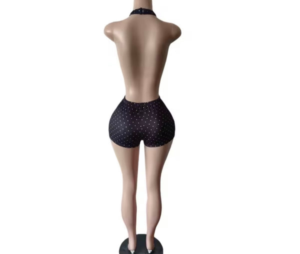 Women Sexy Halter Sleeveless Open Back Polka Dot Romper