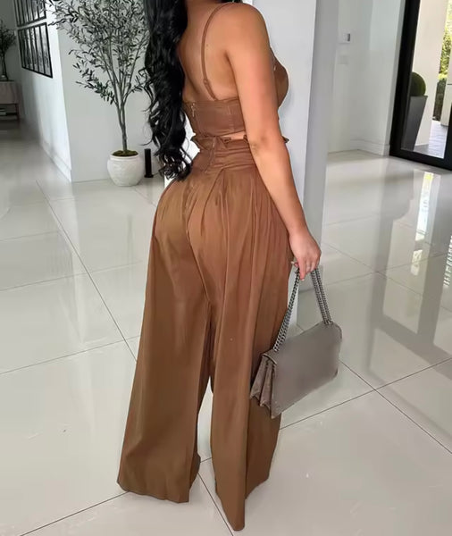 Women Color Sleeveless Crop Fashion Two Piece Wide Leg Pant Set