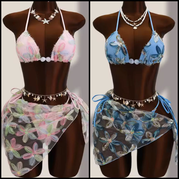 Women Sexy Floral Bikini Mesh Cover Up Set