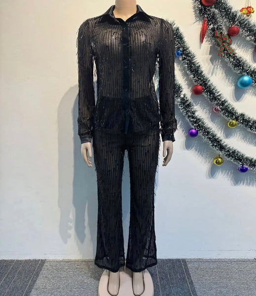 Women Sexy Fashion Button Up Sequins Mesh Two Piece Pant Set