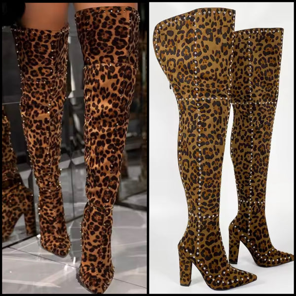 Women Fashion Rivet Pointed Toe Leopard Over The Knee Boots