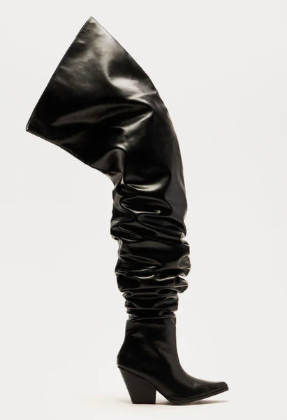 Women Black Over The Knee Faux Leather Western Boots