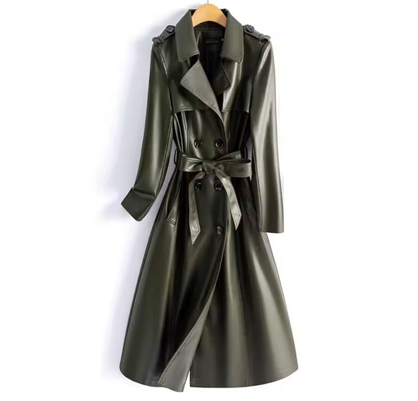 Women Color Fashion Faux Leather Trench Jacket