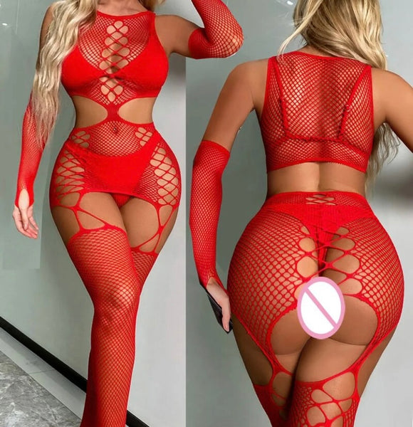 Women Sexy Glove Netted Lingerie Set