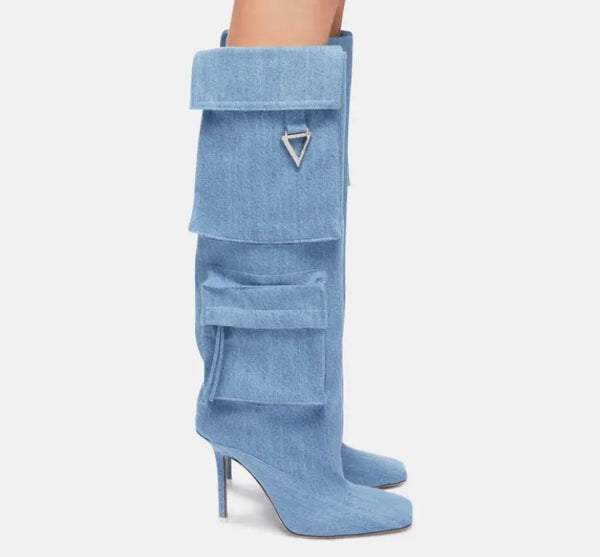 Women Color Fashion Pocket Denim Knee High Boots