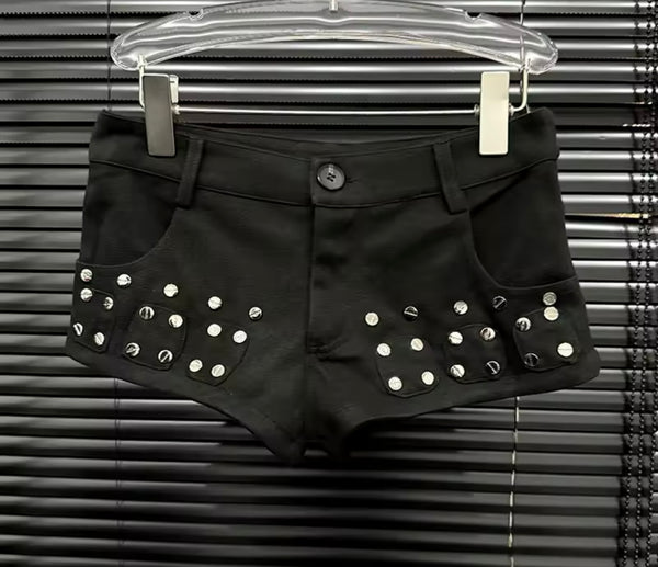 Women Fashion Black Rivet Patchwork Shorts