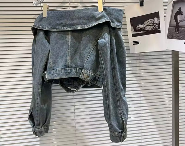 Women Fashion Off The Shoulder Button Up Denim Jacket