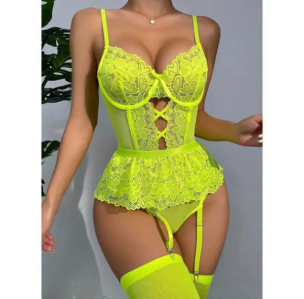 Women Sexy Sleeveless Lace Bodysuit Lingerie Set