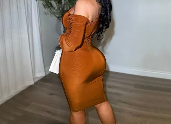 Women Sexy Skew Collar Full Sleeve Solid Color Dress