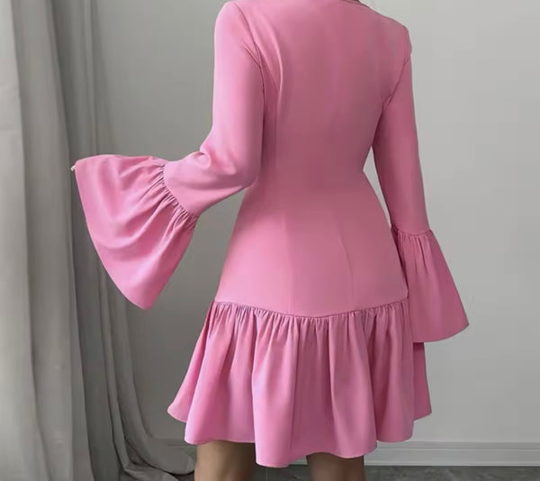 Women Pink Beaded Full Flare Sleeve Ruffled Sexy Dress