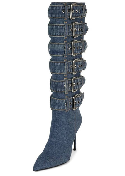 Women Fashion High Heel Buckled Denim Knee High Boots