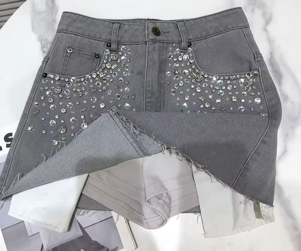 Women Gray Rhinestone Denim Jacket Two Piece Skirt Set