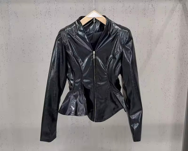Women Fashion Faux Leather Jacket Two Piece Skirt Set