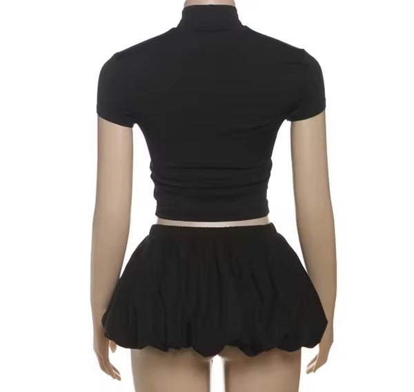 Women Sexy Solid Color Short Sleeve Letter Print Two Piece Skirt Set
