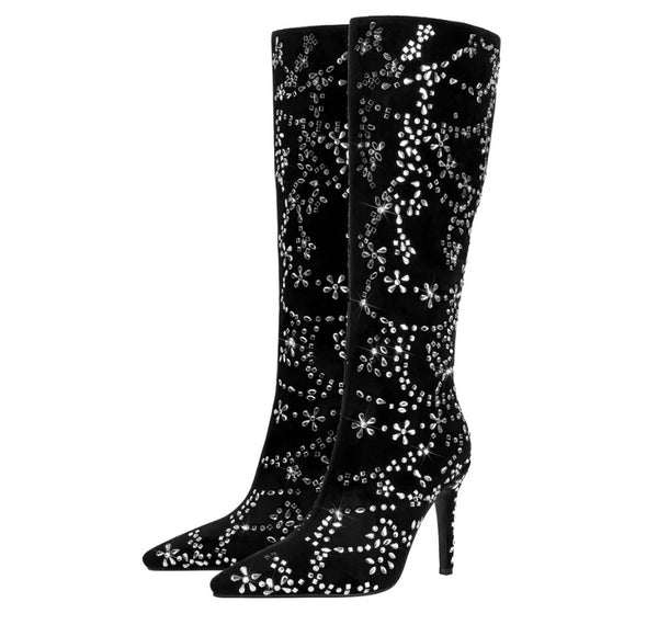 Women Fashion Black Suede Bling Knee High Boots