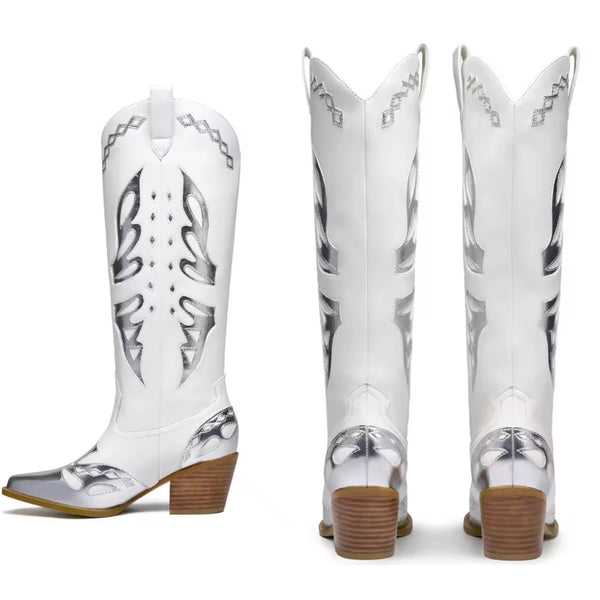Women Color Patchwork Fashion Faux Leather Knee High Western Boots
