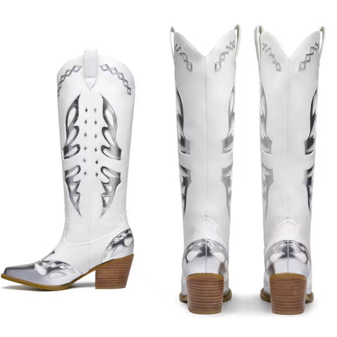 Women Color Patchwork Fashion Faux Leather Knee High Western Boots