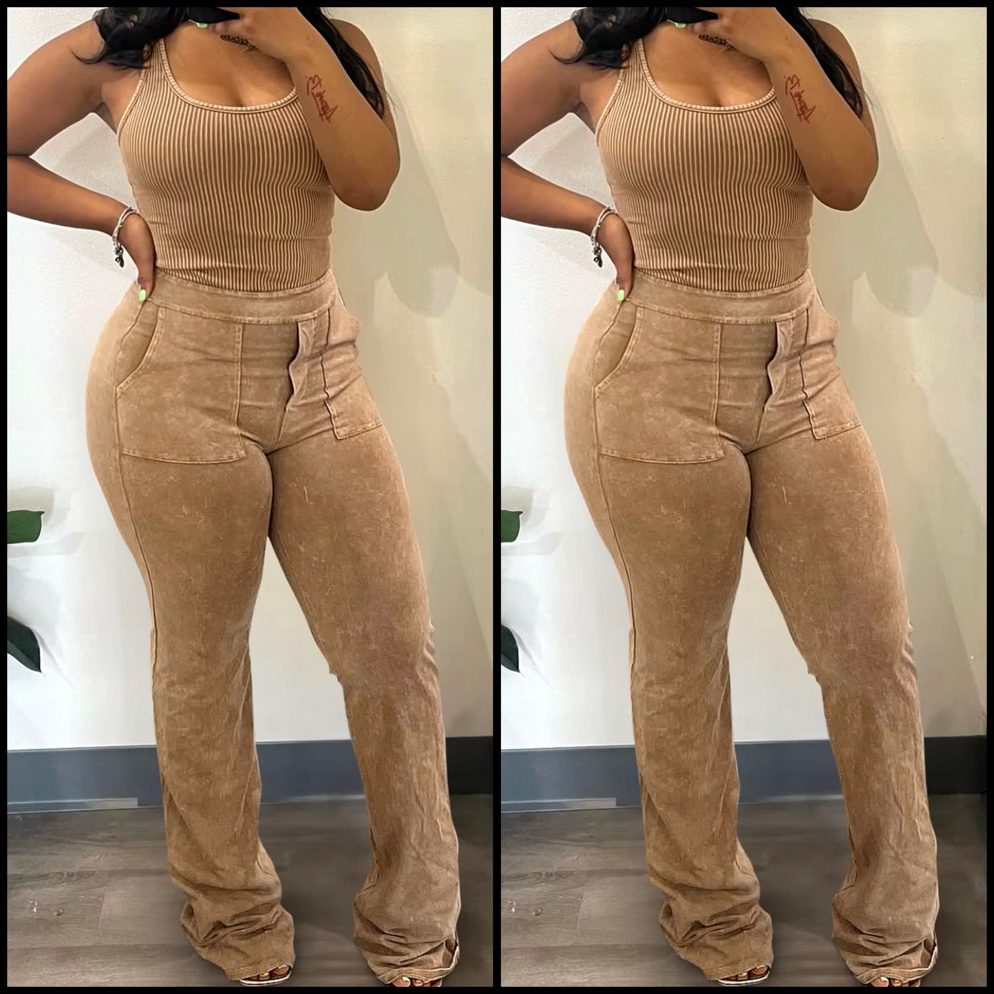 Women Fashion Khaki Sleeveless Two Piece Velour Pant Set