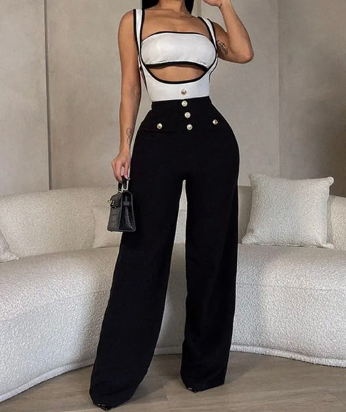 Women Sexy Fashion Sleeveless B&W Button Jumpsuit